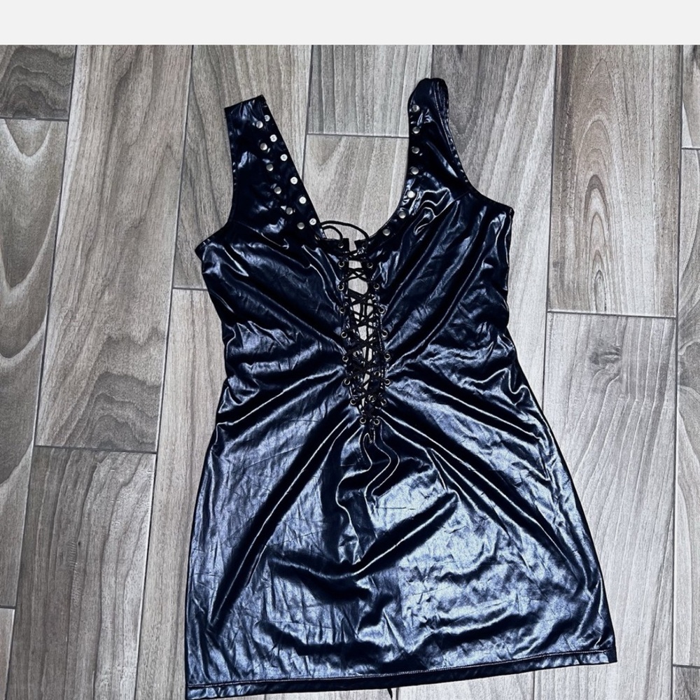 Faux leather Black Lace-Up Sleeveless Dress.